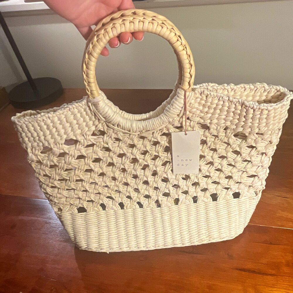 A New Day Women’s Ivory Woven Raffia Pattern Top Handle Satchel Tote Bag Beach